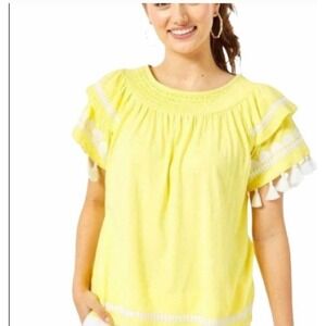 Women's Lilly Pulitzer Nailah Embroidered Top In Yellow With Sleeve Tass…